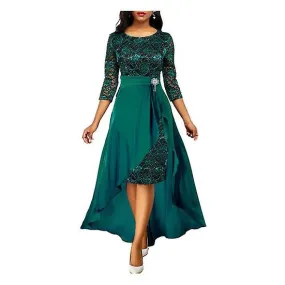 2 Pcs/Set Women Prom Dress Skirt Set Hollow Out Lace Ruffle Hem High Waist Round Neck Three Quarter Sleeve Ankle Length Banquet 