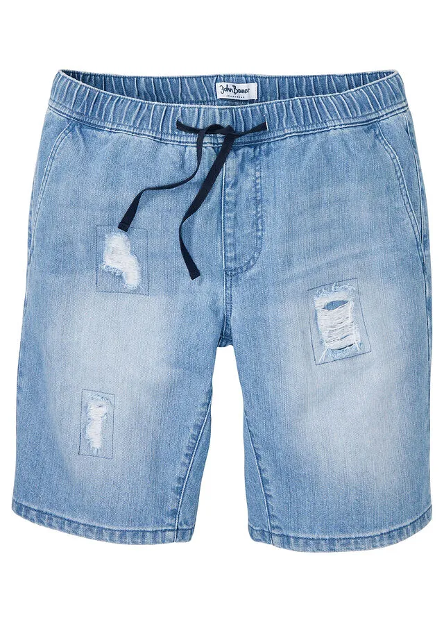 Bermudas vaqueras con cinturilla elástica y corte regular Denim claro desgastado