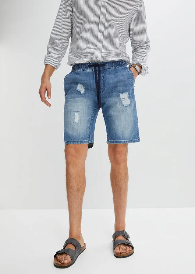 Bermudas vaqueras con cinturilla elástica y corte regular Denim desgastado