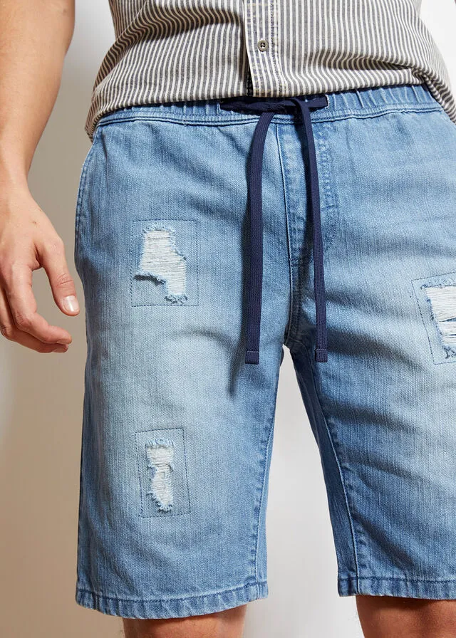 Bermudas vaqueras con cinturilla elástica y corte regular Denim desgastado