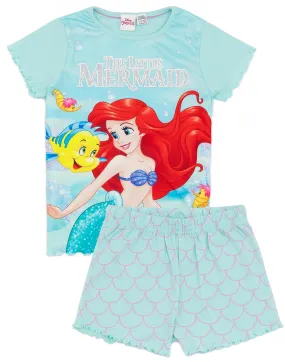 Disney x Little Mermaid Girls Short Sleeve Short Leg Pyjama Set Blue Ariel, Flounder