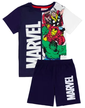 Disney x Marvel Boys Short Sleeve Short Leg Pyjama Set Blue Avengers Characters and Brand Logo