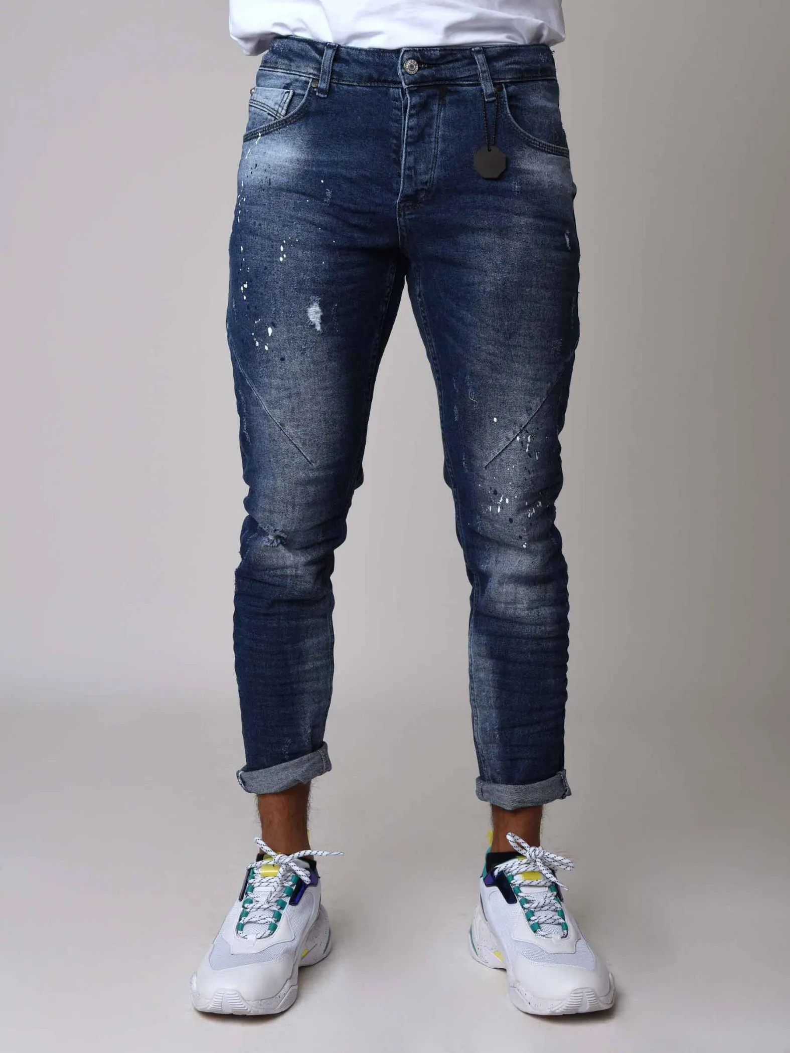 Jeans pitillo azules con efecto desteñido y moteado