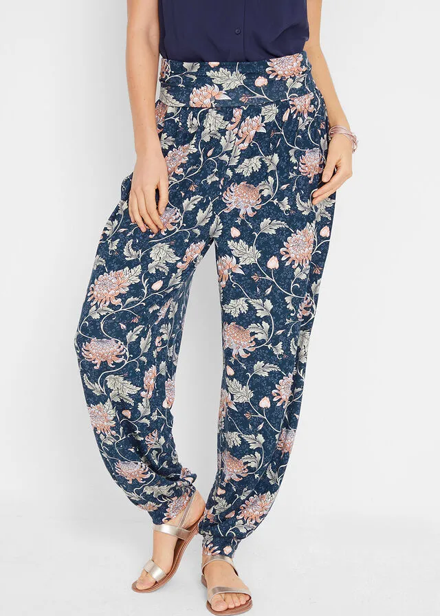 Pantalón bombacho de punto con cinturilla cómoda, corte holgado Azul oscuro de flores