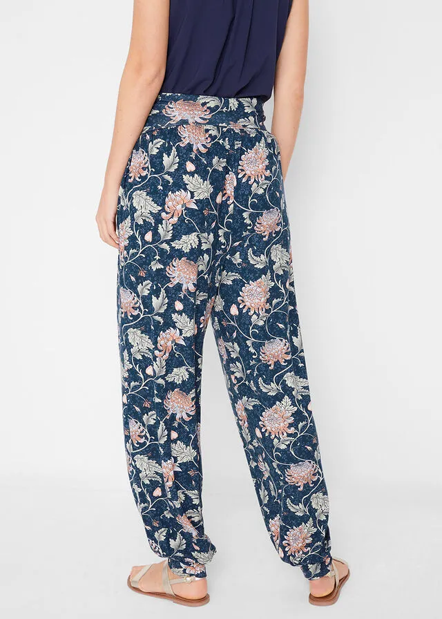 Pantalón bombacho de punto con cinturilla cómoda, corte holgado Azul oscuro de flores