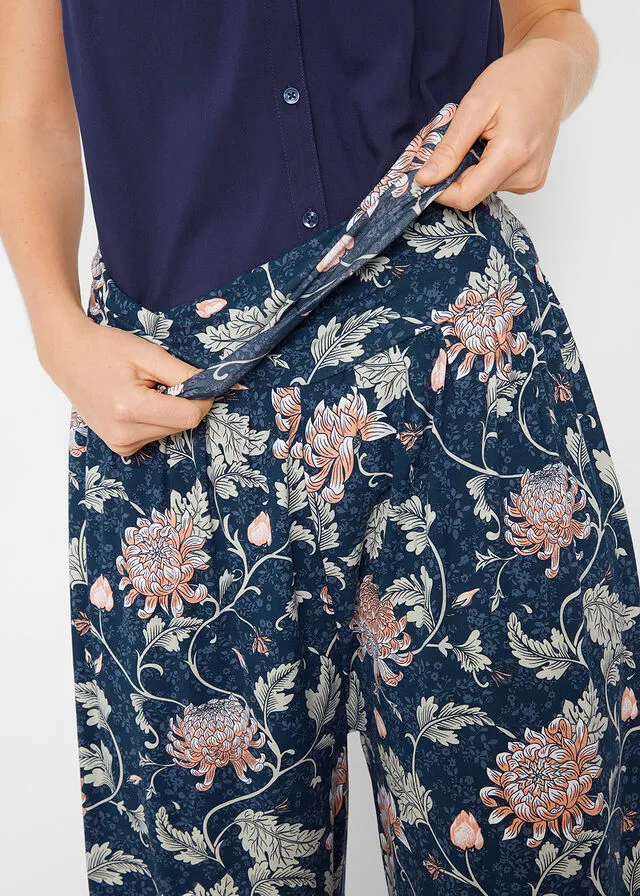 Pantalón bombacho de punto con cinturilla cómoda, corte holgado Azul oscuro de flores