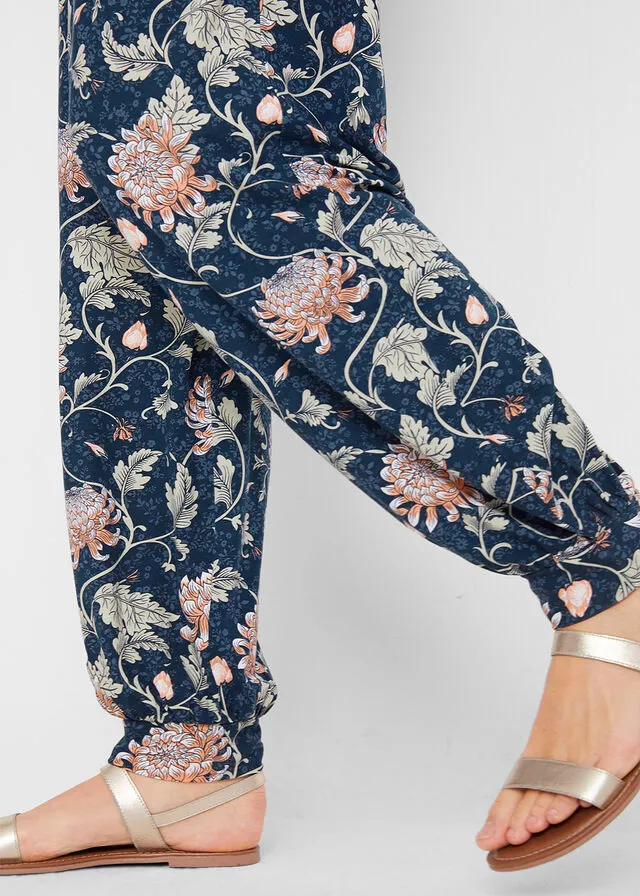 Pantalón bombacho de punto con cinturilla cómoda, corte holgado Azul oscuro de flores