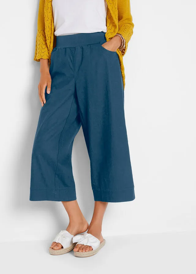 Pantalón holgado de lino con cinturilla cómoda y largo capri Azul marino