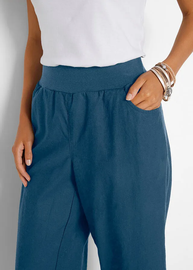 Pantalón holgado de lino con cinturilla cómoda y largo capri Azul marino