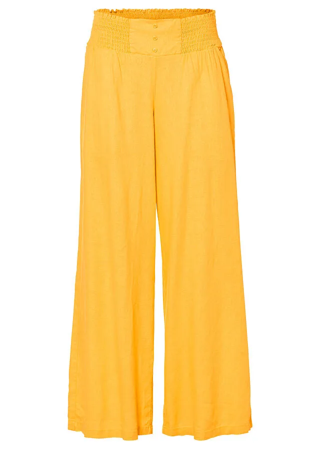 Pantalón Marlene de lino con talle alto y una cómoda cinturilla de nido de abeja Amarillo narciso