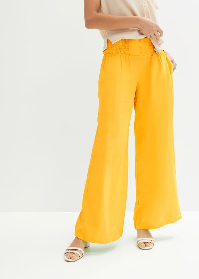 Pantalón Marlene de lino con talle alto y una cómoda cinturilla de nido de abeja Amarillo narciso