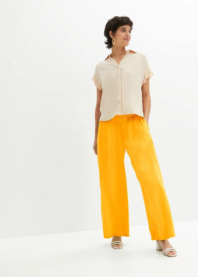 Pantalón Marlene de lino con talle alto y una cómoda cinturilla de nido de abeja Amarillo narciso