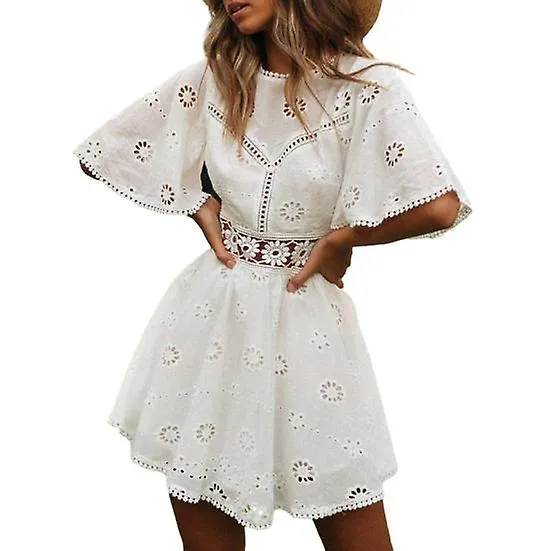 Women Summer Dress Backless Hollow Out Flower Applique   A line Loose Hem Pleated Cutout Waist Half Sleeve Patchwork Lady Dating