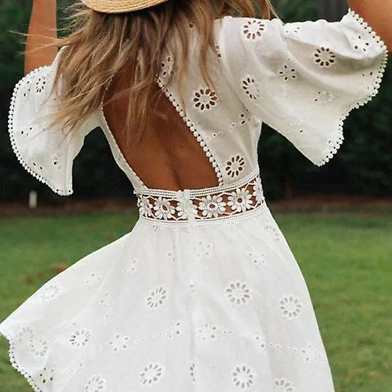 Women Summer Dress Backless Hollow Out Flower Applique   A line Loose Hem Pleated Cutout Waist Half Sleeve Patchwork Lady Dating