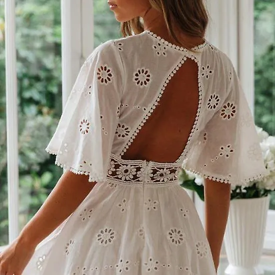 Women Summer Dress Backless Hollow Out Flower Applique   A line Loose Hem Pleated Cutout Waist Half Sleeve Patchwork Lady Dating